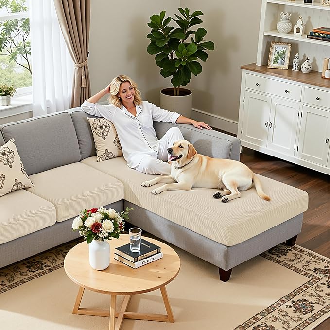 Hokway Chaise Cover and Couch Cushion Covers Set, Separate Sectional Sofa Cushion Slipcovers, Reversible Cushion Protector for L-Shaped Sofa(2 Pieces for Seater & 1 Piece for Chaise, Creamwhite) - Image 3