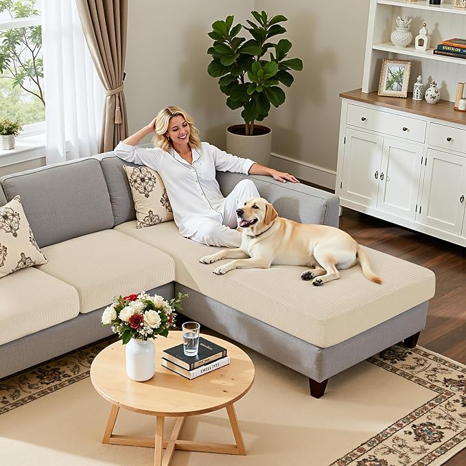 Hokway Chaise Cover and Couch Cushion Covers Set, Separate Sectional Sofa Cushion Slipcovers, Reversible Cushion Protector for L-Shaped Sofa(3 Pieces for Seater & 1 Piece for Chaise, Creamwhite) - Image 4