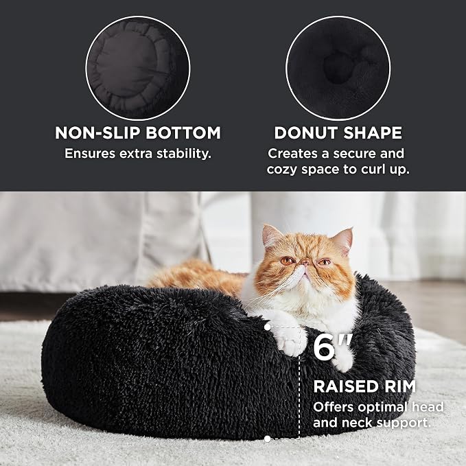 Bedsure Calming Cat Beds Donut Round Washable Kitten Bed,20 inches Black | Fluffy Faux Fur Cuddler,Anti-Slip Bottom,Anti-Anxiety,Deep Sleeping for Cats&Small Pets Up to 15 Lbs - Image 3