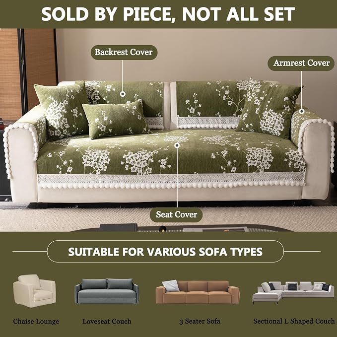 DREAMINGO Green Floral Couch Cover Vintage Jacquard Pet Sofa Cover Non Slip Chenille Couch Protector Living Room Washable Sectional Furniture Slipcovers for 3 Seat Sofa, 35.4"x70.9" - Image 2