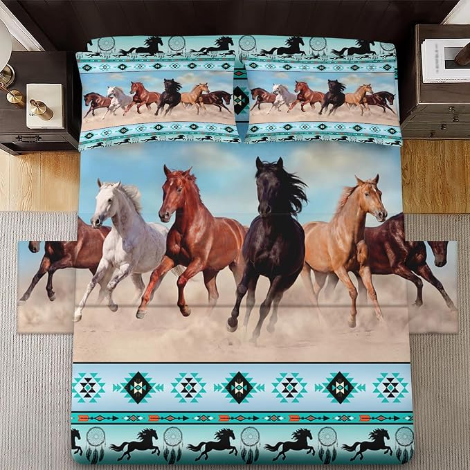 WeCozy King Size Bed Sheet Sets with Pillowcases, Horses Desert Animal 4 Pcs Soft Microfiber Bedding for Kids and Adults, Tribal Farm Sunset Run Flat, Fitted Sheet for Bedroom Bed Decor - Image 3