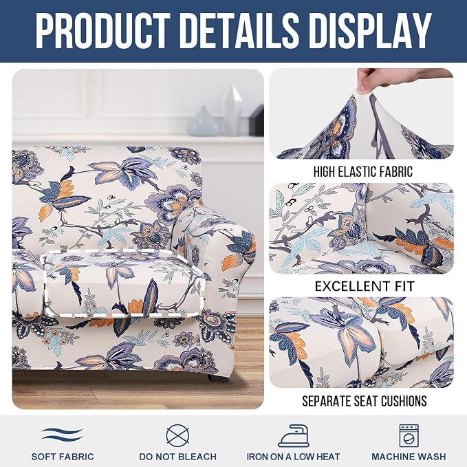 hyha Stretch Couch Cover, Sofa Covers for 2 Separate Cushion Couch Washable | Loveseat Cover, Floral Pattern, Printed, 3 Pieces, 2 Seater Furniture Protector with Elastic Bottom for Dogs, Pet Friendly - Image 4