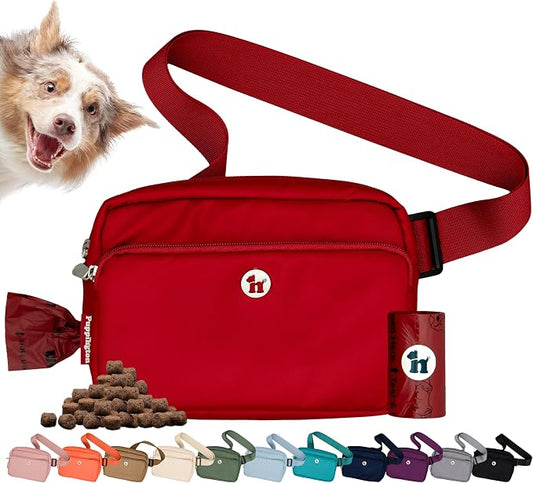 Puppington 3-in-1 Crossbody Dog Walking Bag & Treat Pouch with Matching Planet Safe Poop Bags & Built-In Dispenser - Dog Mom Gift for Puppy Training with Zippered Pockets (Ruby Red) by Puppington