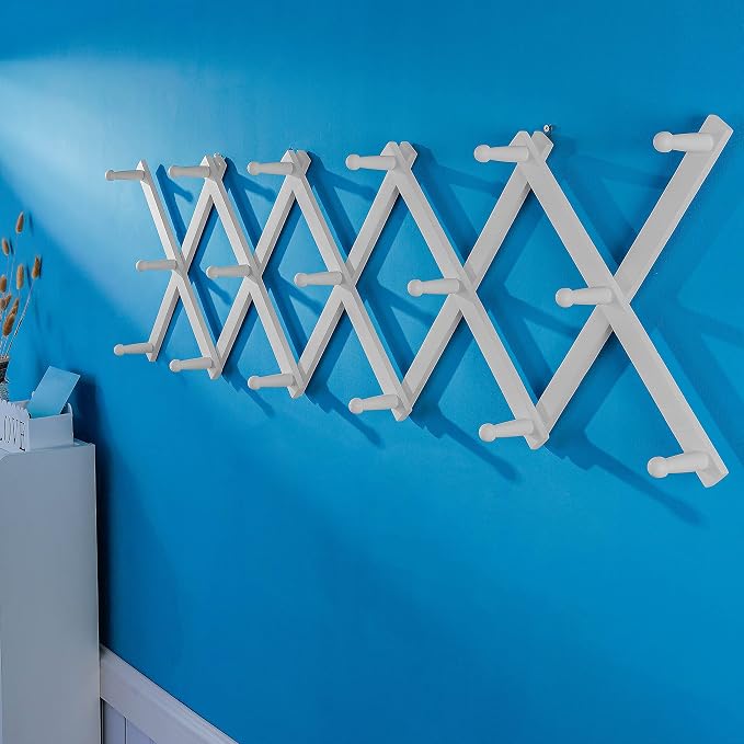 SKOLOO Hat Rack for Wall with 17 Hooks, Solid Wooden, Modern, Expandable Coat Rack Wall Mount for Coats, Hats, Bags, Baseball Caps, White - Image 3