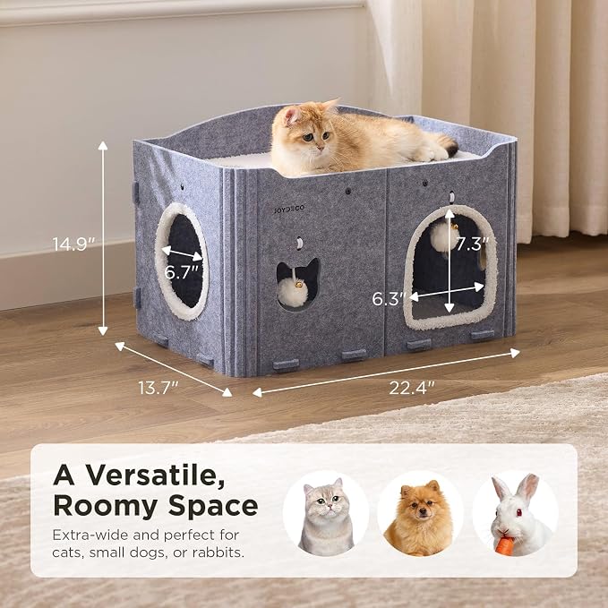 Joydeco Cat House for Indoor Cats, Extra Wide Scratch Resistant Felt Cat Condo, Hideaway Pet Cave Bed with Fluffy Ball and Tunnel for Kitten, Small Dogs, Rabbits, 22.4 x 13.7 x 14.9, Grey - Image 6