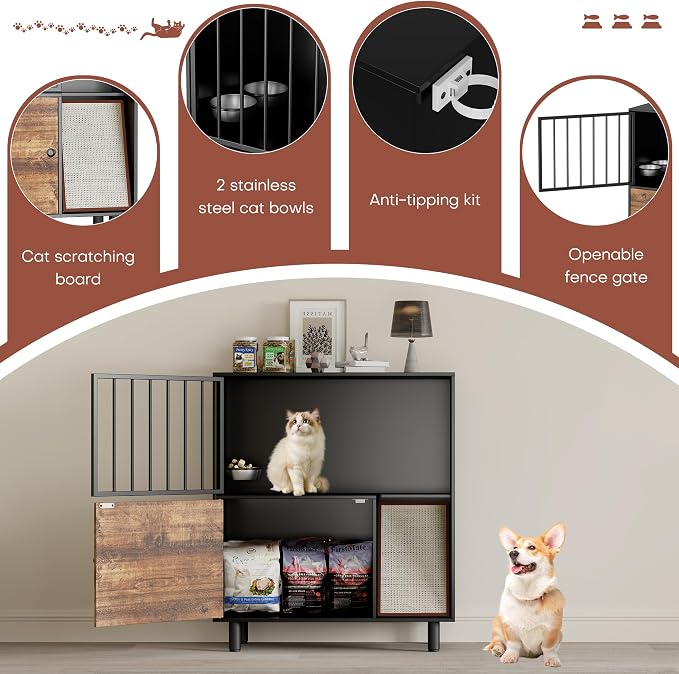 Dog Proof Cat Feeding Station, Cat Feeding Station Furniture with Storage and Cats Scratching Board, 2 Raised Pet Food and Water Bowl for Indoor Cats, Large Pet Cabinet - Image 6