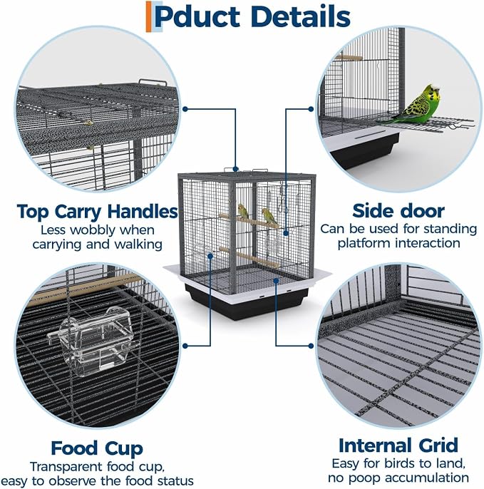 GarveeLife Small Bird Cage, 20 Inch Bird Cage, Parakeet Cage with Tray and Handle for Parrot Cockatiels Budgies Finch Lovebirds Pigeons, Black - Image 3