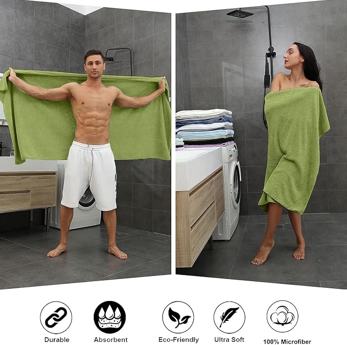 8-Piece Bath Towel Set, 2 Extra Large Bath Towel Sheets, 2 Hand Towels and 4 Washcloths - Highly Absorbent Quick Dry Microfiber,Ultra Soft Towel Set for Bathroom, Waffle Weave, Pack of 8 (Olive) - Image 5