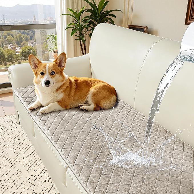 ALIECOM Sofa Cover Waterproof Couch Cover for Dogs Washable Velvet Sofa Slipcovers for 3 Cushion Couch Pet Friendly Non Slip Living Room Furniture Protector (Khaki, 27.6" x 82.7") by ALIECOM