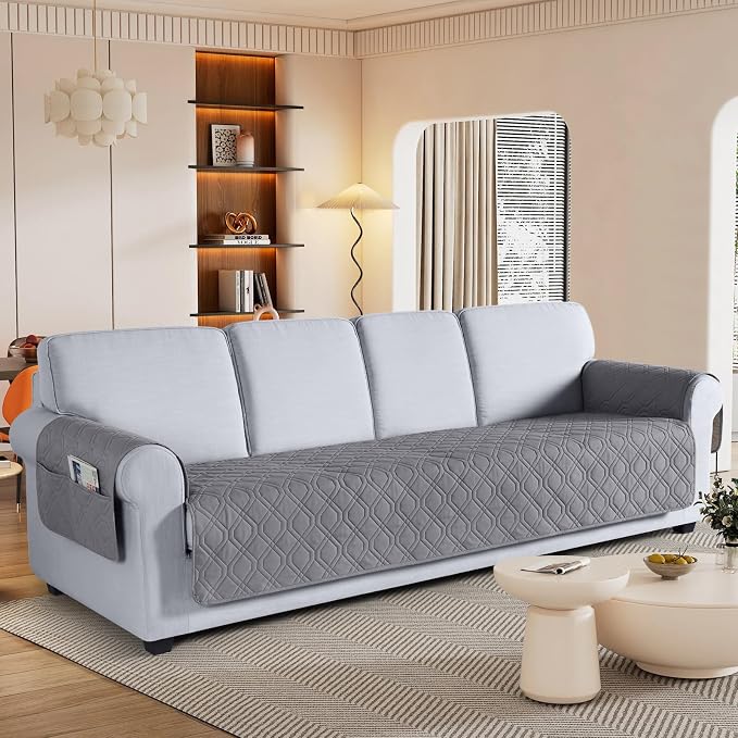 VANSOFY Waterproof Oversized Couch Cover for Pets, Light Gray, 72.4" | Non-Slip, Washable, Utility Pockets, Pet Friendly, Furniture Protector Slipcover for 4 Cushion Couch - Image 2