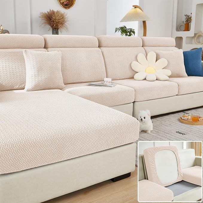 Couch Cushion Covers & Couch Cover for Sectional Sofas, Reversible Non-Slip Sofa Slipcovers, Washable Pet Proof Home Decor Protector (Light Yellow, 2 Seats + Chaise Cover) by Unknown