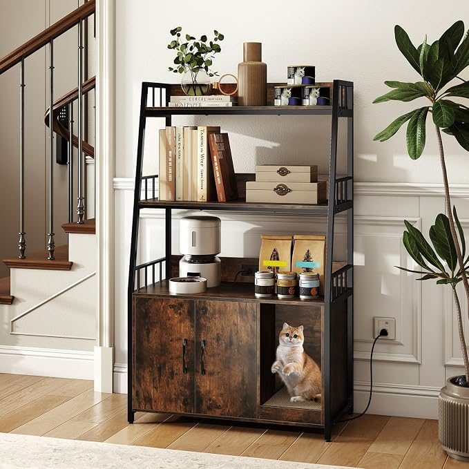 PETSITE Cat Litter Box Enclosure with Storage Shelves, 52 Inches Tall Hidden Litter Box with Charging Station, Scratching Board, and Winding Entry (Rustic Brown) - Image 2