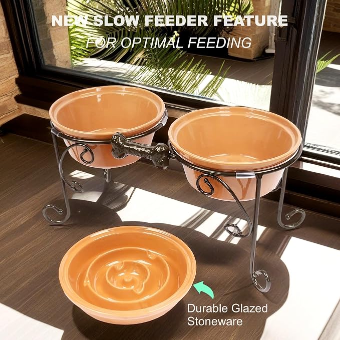 Elevated Dog Bowl Stand with 3 Large Ceramic Bowls – Raised Feeding Station for Medium & Large Dogs, Includes 2 Standard Bowls + 1 Slow Feeder, Durable Iron Frame, Non-Slip (Almond) - Image 4