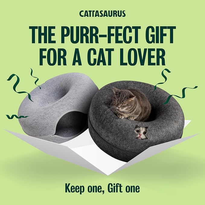 Cattasaurus Peekaboo Cat Cave Donut for Multiple & Large Cats up to 30-45 lbs, 3-in-1 Self Warming Cat Bed, Tunnel & Scratcher for Indoor Cats, Washable & Detachable (Light Gray + Dark Gray, Large) - Image 4