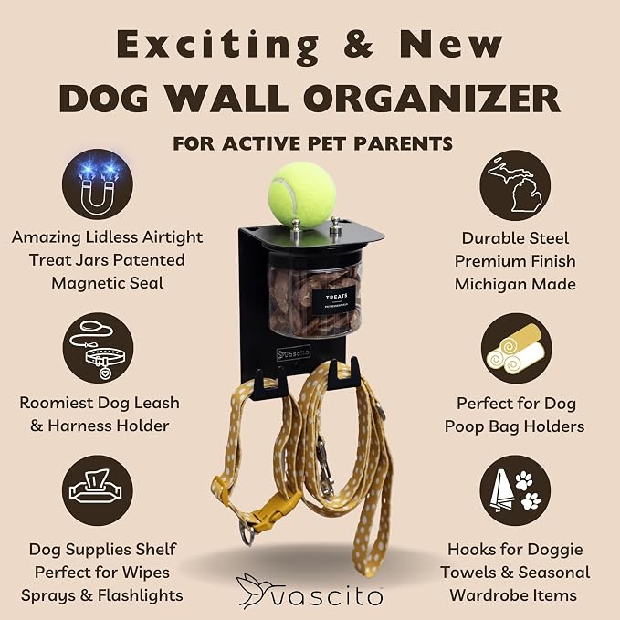 Dog Leash Holder for Wall with Shelf - Wall Mounted Dog Treat Holder & Station, 1 Airtight 16oz Treat Container, 6 Hooks, Patented Lidless Slide-to-Seal Jar, Solid Steel, Made in USA - Image 8