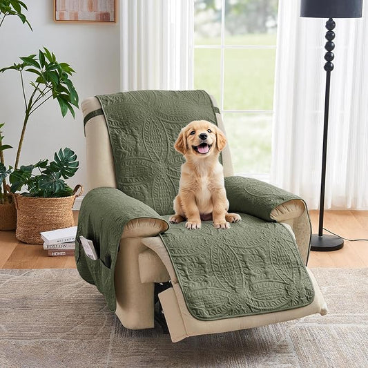 Green Quilted Recliner Covers, Water-Repellent Recliner Slipcovers, Recliner Covers Stay in Place, Pet Friendly Recliner Cover for Dogs, Washable Chair Protector (Recliner 22", Olive Green) by Pamhaven