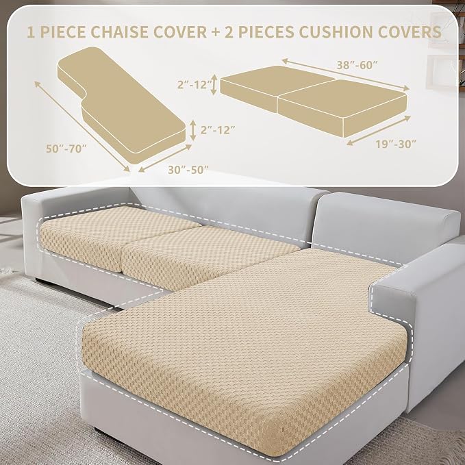 YEMYHOM Couch Cushion Covers for Sofa, Stretch Sectional Couch Seat Cushion Covers Washable Thick Furniture Protector Sofa Slipcovers for Pets (2 Seater + 1 Chaise, Beige) - Image 2
