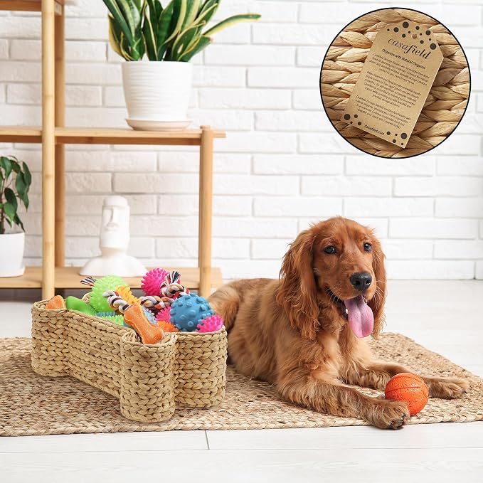 Casafield Dog Bone Shaped Storage Basket - Natural, Large Woven Water Hyacinth Pet Toy Organizer Bin - Image 2
