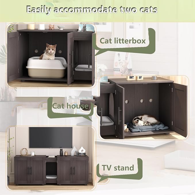 3-in-1 Cat Litter Box Enclosure for 2 Cats, 55 Inch Large Hiddden Litter Box Enclosure Furniture with Double Rooms, Farmhouse Wooden Cat Washroom for Bedroom Living Room, White - Image 4