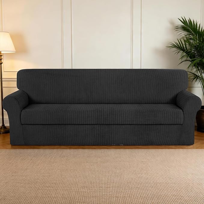 Oversized Sofa Cover Stretching Skid Resistance Couch Cover for Pets Washable, Thick and Durable Soft High Spandex Striped Pattern Sofa Covers (Oversized Sofa, Black) - Image 7