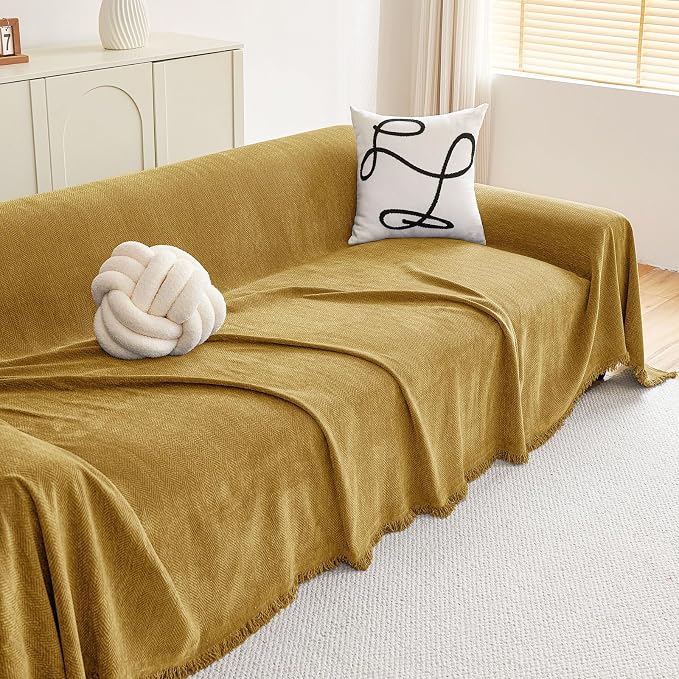 hyha Couch Cover for Dogs, Boho Chenille Sofa Cover for 3 Cushion Couch | Anti-Scratch Washable Sofa Slipcover, Loveseat Sectional Couch Throw Blankets with Tassels (Yellow, 71x102 Inch) - Image 8