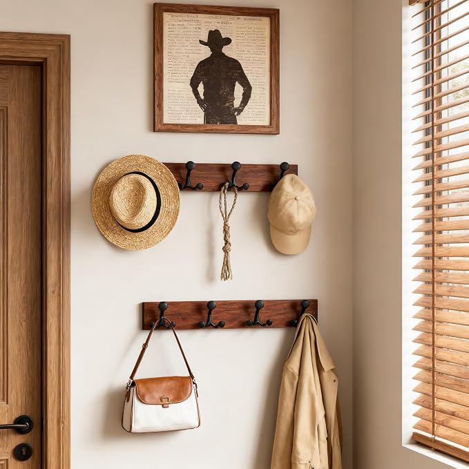 SKOLOO 24-Inch Wood Coat Rack Wall Mount with 4 Triple Hooks - Ideal for Family Entrances, Classrooms, and Pet Supplies Storage - Perfect Coat Hooks for Wall,Mahogany (Sapele), Pack of 2 - Image 2