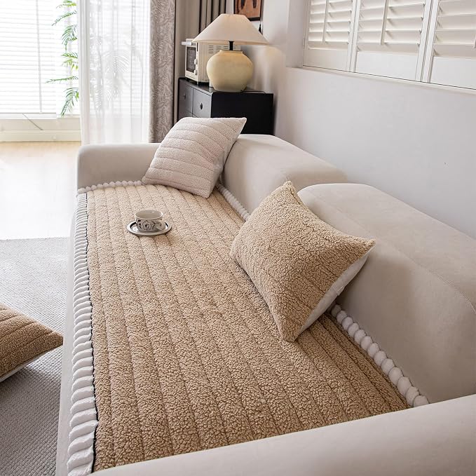 STACYPIK Plush Sherpa Khaki Pets Couch Cover, Non Slip Geometric Sofa Cover for Sectional, Washable Furniture Protector for 3 Cushion Couch, Multi-use Dogs Bed Mat Pet Friendly-27.6x70.9IN - Image 2