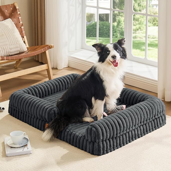 ChiXnuggle Faux Fur Orthopedic Dog Bolster Bed, Waterproof Washable Cover | rectangular dog sofa couch,egg crate foam,non-slip bottom,for extra large dogs,dark grey,41*30*7 - Image 9