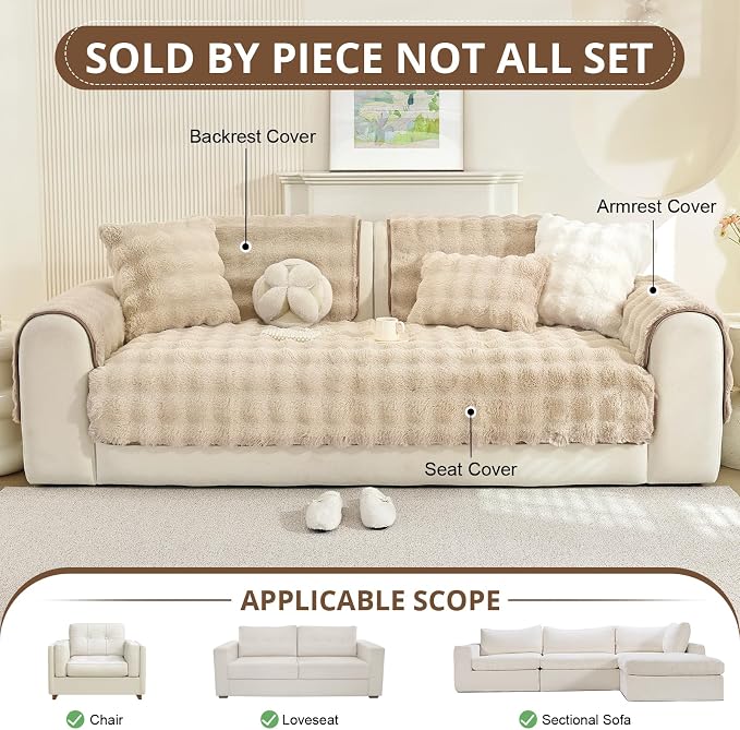 OstepDecor Faux Fur Couch Covers for Sofa, Soft Plush Sofa Covers Washable | Non Slip Dog Couch Protector, Pet Hair, Dirt & Wear Protection, Fits Sofas, Loveseats & Sectionals, 35.4" x 82.7", Khaki - Image 2