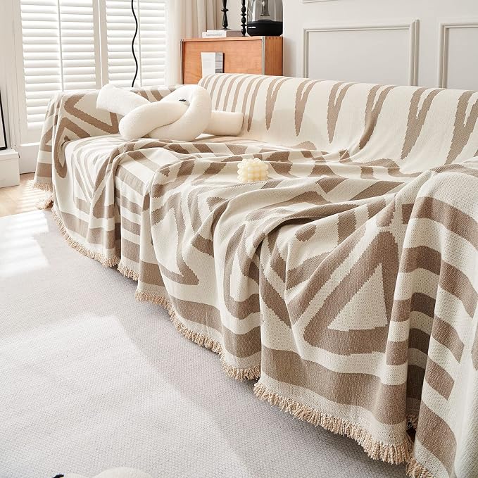 VClife Boho Couch Cover Non Slip Sofa Slipcover for Dog, Washable Throw Covers for Couches, Washable Furniture Cover for Pet 3-Seaters Couch Covers with Tassel, Beige-White, 71"X134" - Image 5