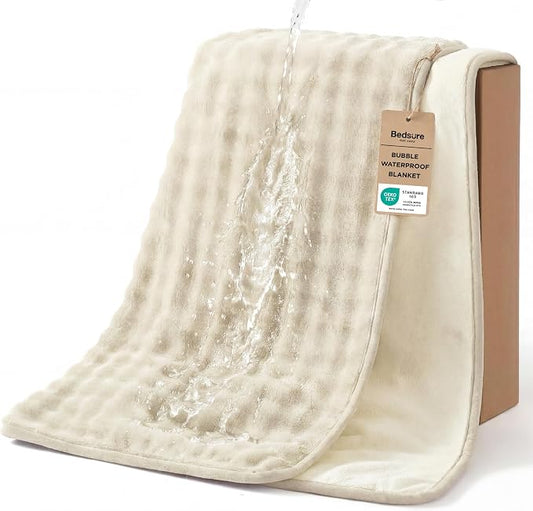 Bedsure Bubble Waterproof Blanket for Couch - Soft Fleece Reversible Dog Blankets for Small Dogs, Waterproof Couch Sofa Cover Bed Protector, Beige/White, Throw 50x60 inches by BEDSURE