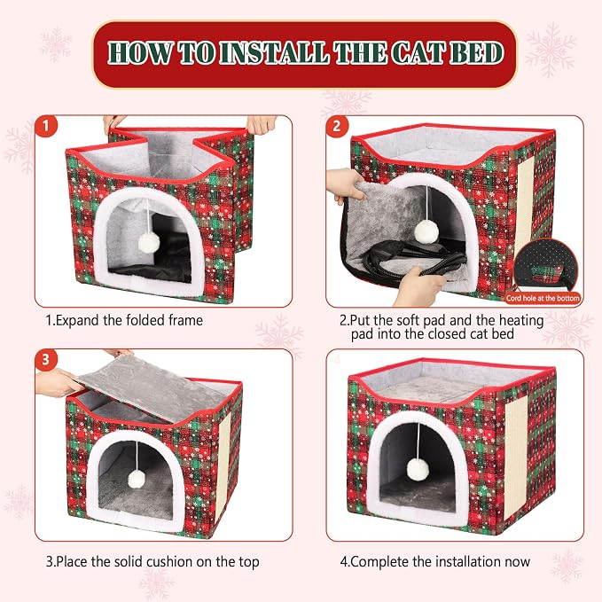 Heated Cat Bed for Indoor Cats, Foldable Cat House with Removable Heating Pad for Cats Small Dog Covered Cat Bed Cave Kitty Hideaway with with Scratch Pad, All Season Use - Image 5