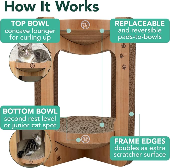 Necoichi Cat Scratcher Tower for Indoor Cats - Cat Scratching Post Lounger with Reversible Usability and Extra Comfort for Lounge, Cardboard Bed Couch / (Regular, Oak) - Image 3