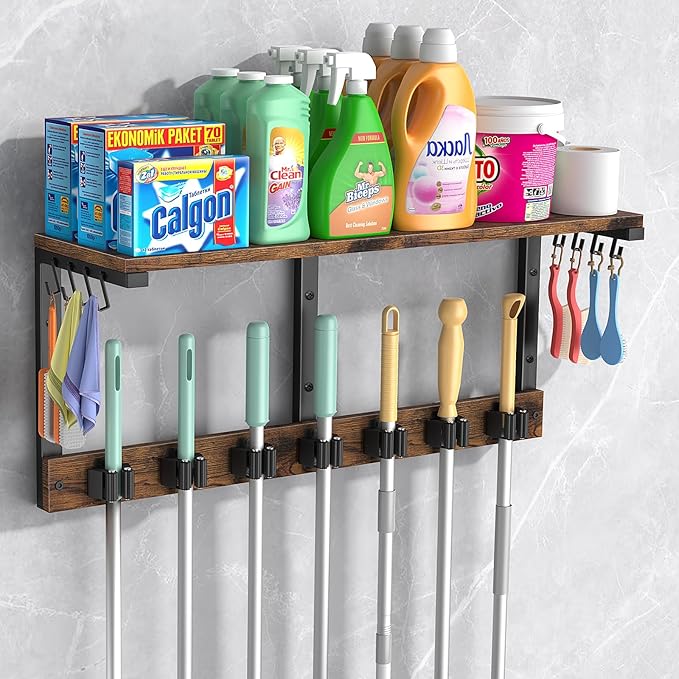 Housolution Wall Mount Broom Holder Laundry Room Storage Organizer Shelves | Thickened Metal Frame, 100 LBS High Load-Bearing, Large Capacity, Multifunctional with 7 Grippers & 8 Hooks by Housolution