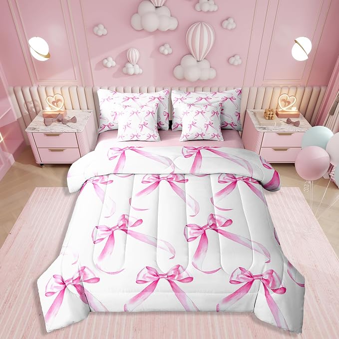 Erosebridal 7 Piece Bowknot Bedding Set Full,Modern Pink Bow Tie Kids Comforter Set for Boys Girls,Dreamy Princess Style Quilt Set,Watercolor Bows Sheet Set Girly Valentine Decor by Erosebridal