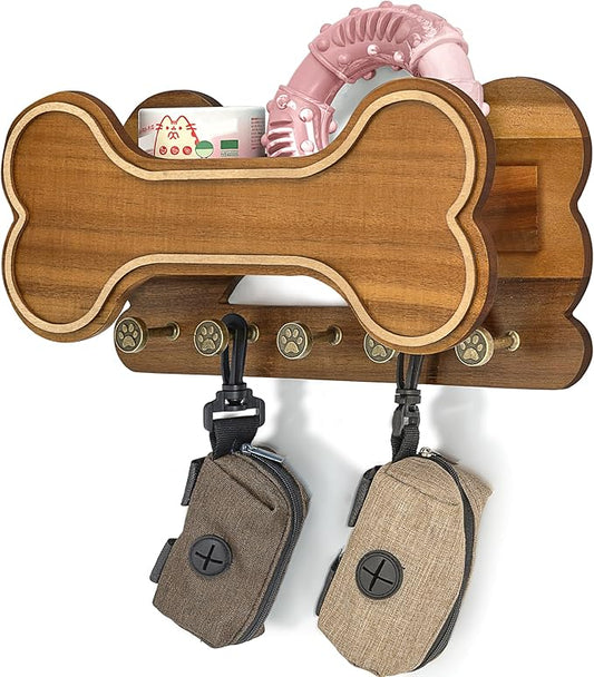 MTERSN Decorative Dog Leash Holder for Wall - Bone Key Holder Wall Mount with 5 3D Puppy Paw Hooks & Hanging Shelf for Dog Lover - Cute Stuff for Puppy Essentials (Acacia) by MTERSN