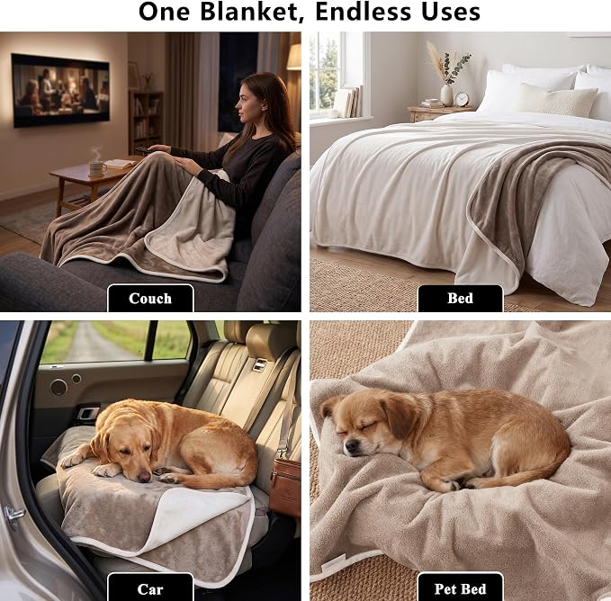 Waterproof Blanket - Reversible Dog Throw as Furniture Protector | Soft Velvet & Flannel, TPU Leak-Proof Liner, Machine Washable, Fits Couch and Bed, 25" x 35", Beige/Khaki - Image 5