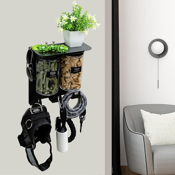 Dog Leash Holder for Wall with Shelf - Wall Mounted Dog Treat Holder & Station, 2 Large Airtight 32oz Treat Containers, 9 Hooks, Patented Lidless Slide-to-Seal Jars, Solid Steel, Made in USA - Image 9