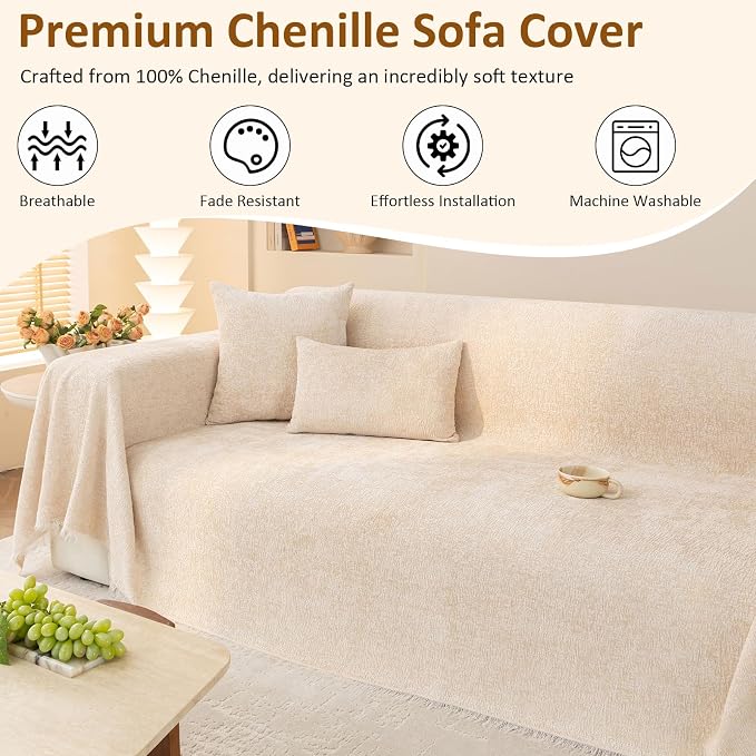Luxury Creamy Beige Slub Chenille Couch Cover Soft Large 71x118 in | for All Shape Sofa Couch, Slub Furniture Protector Machine Washable, Solid Beige Durable Sofa Slipcover for Dog Pet Kid - Image 3
