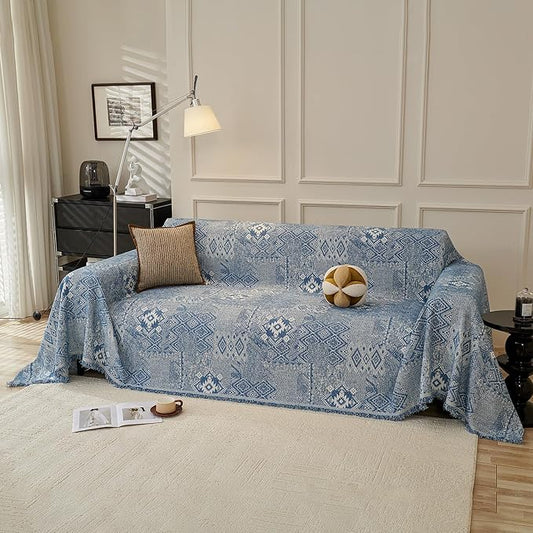 DREAMINGO Couch Covers for Sofa Boho Geometric Jacquard Vintage Sofa Covers 3 Seater Non Slip Chenille Furniture Protector for Dogs Pets Washable Sectional Couch Slipcovers, Blue, 71"x134" by DREAMINGO