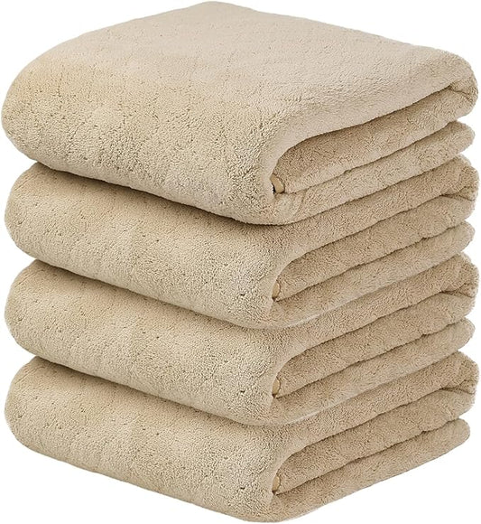 JML Bath Towels, Pack of 4, 30"x60", Large, Camel | Hanging Loop, Super Soft, Absorbent, Lint Free, Fade Resistant, Lightweight, Quick Dry, Use for SPA , Sauna, Salon Hair Wrap by JML