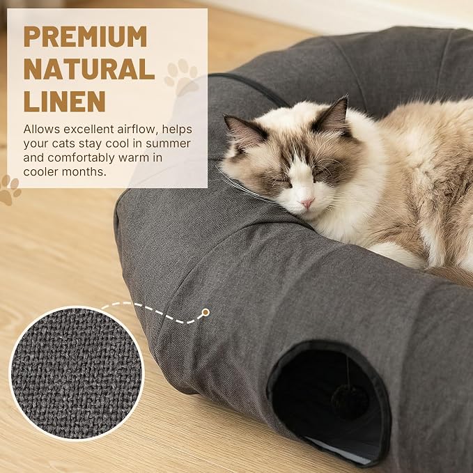 Extra Large Cat Tunnel, Cooling Natural Linen Big Tunnel for Large Cats, 47.2in Multi-Cat Family Long Cat Tunnel Bed with Washable Mat, Breathable & Durable Big Cat Tunnel for Cats, Dark Grey - Image 3