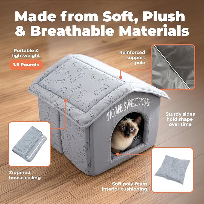 Best Pet Supplies Cat Bed for Indoor Cat, Domed Tent House with Removable Pillow, Covered Cat Cave for Small Dog, Puppies and All Breeds of Cats - Silver w/ Bones, 16 x 16 x H:14" - Image 3