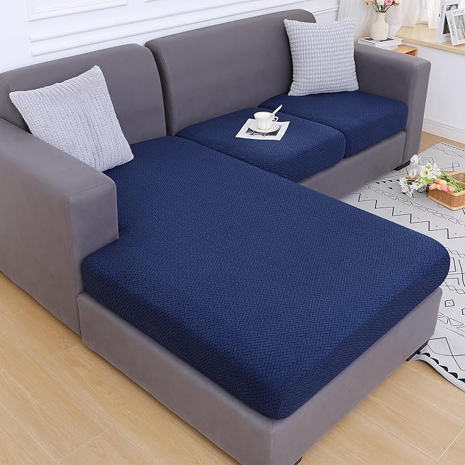 Smiry Waterproof Couch Cushion Covers, L Shape Sectional Couch Covers | Stretch Jacquard Chaise Lounge Sofa Slipcover, Washable Elastic Furniture Protector for Pets, Chaise, Navy - Image 5