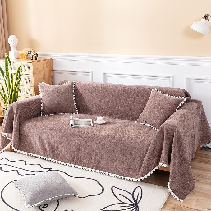 VClife Boho Couch Cover Brown for Sofa, Washable Cotton Chenille Sofa Slipcover for Sectional, Breathable Skin-Friendly Furniture Protector for Dog Living Room Futon Cover Loveseat Cover 71"X118" by VCLIFE
