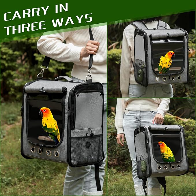 Large Bird Carrier Bag with Stand, Lightweight Backpack for Parrot, Portable Cockatiel Travel Cage with Accessories, Pet Transparent Breathable Carrier, Gray - Image 2
