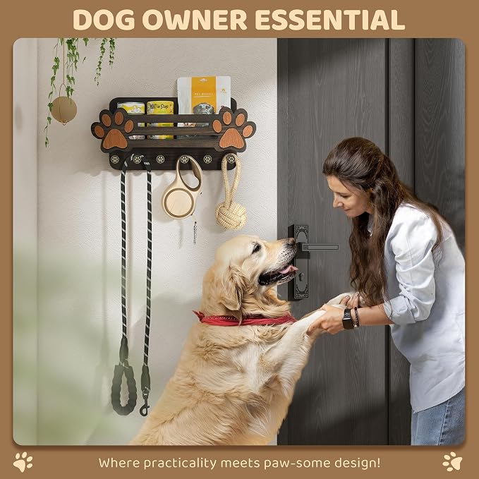 MTERSN Decorative Dog Leash Holder for Wall - Cute Dog Accessories Organizer with Floating Shelf & 6 Key Hooks – Key Holder Wall Mount for Cute Stuff and Farmhouse Decor (Dark Brown) - Image 2