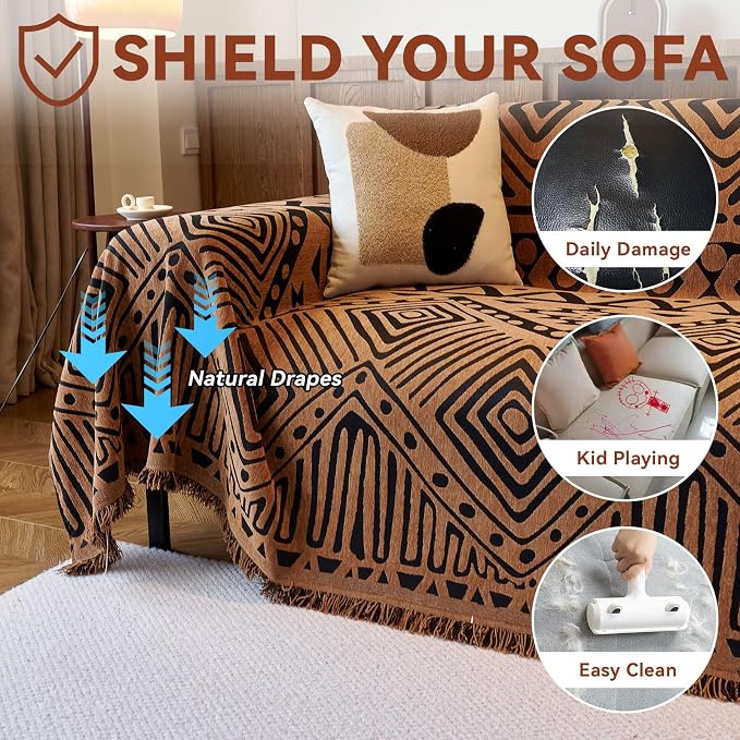 VClife Boho Couch Covers Washable Sofa Cover for Sofa, Luxury Sectional Couch Cover Chenille for 3 Cushion Couch, Anti Slip Pet Sofa Slipcover Dog Couch Cover Throw, Black Pumpkin Geometry, 71"x134" - Image 6
