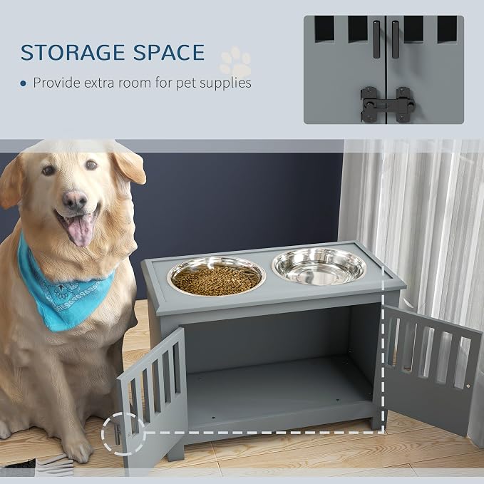 PawHut Large Elevated Dog Bowls with Storage Cabinet, 37L Gray | Raised Dog Bowl Stand Pet Food Bowl Dog Feeding Station - Image 4
