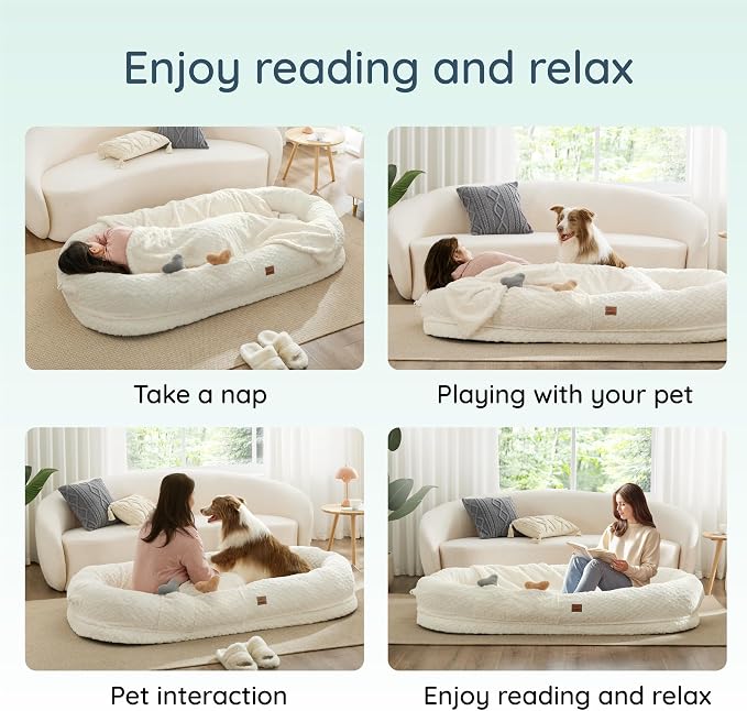 ChiXnuggle Orthopedic Human Dog Bed,with Faux Fur Washable Cover,Blanket | white,72*40*10,giant dog bed for adult or extra large dogs,egg crate foam,non-slip bottom - Image 7